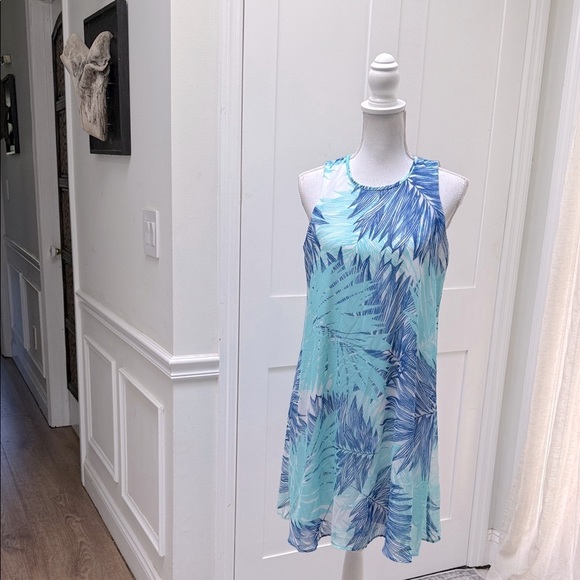 Calvin Klein Womens Sleeveless Palm Print Blue Aqua Lined Sheath Dress Size 8 - Picture 7 of 9